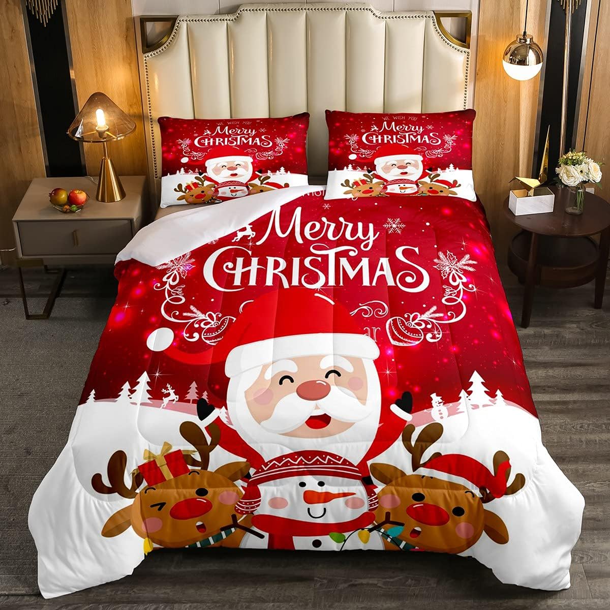 Erosebridal Edredón de plumón de Papá Noel, juego de edredón de Feliz Navidad para niños, tamaño matrimonial, lindo juego de edredón de ciervos de