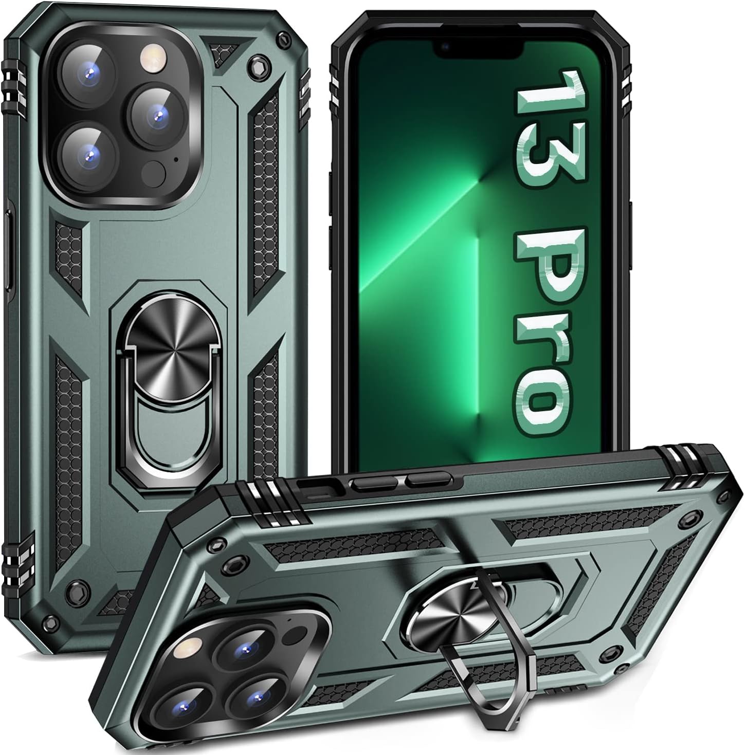 ZOEII Funda para iPhone 13 Pro, con soporte, funda de grado militar a prueba de golpes para iPhone 13 Pro, 6.1 pulgadas, verde