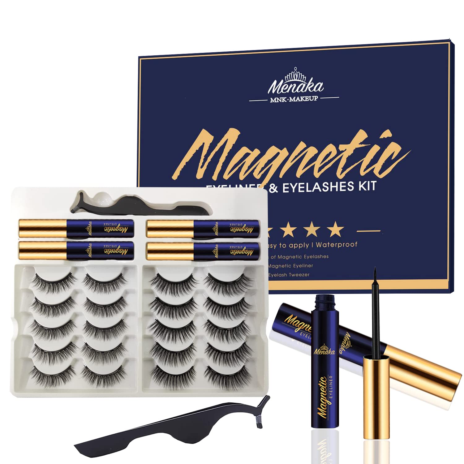 Menaka Pestañas magnéticas de aspecto natural, kit de 10 pares de pestañas magnéticas 3D con aplicador, 4 tubos de forro magnético, actualizadas más