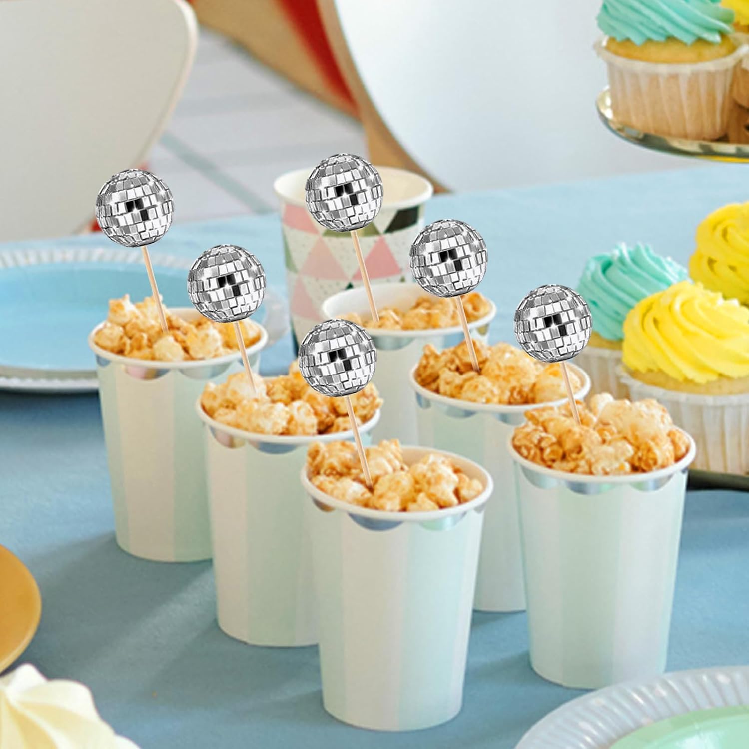15 adornos de bola de discoteca para cupcakes, palillos brillantes para cumpleaños, decoración de pasteles de bola de discoteca, decoraciones