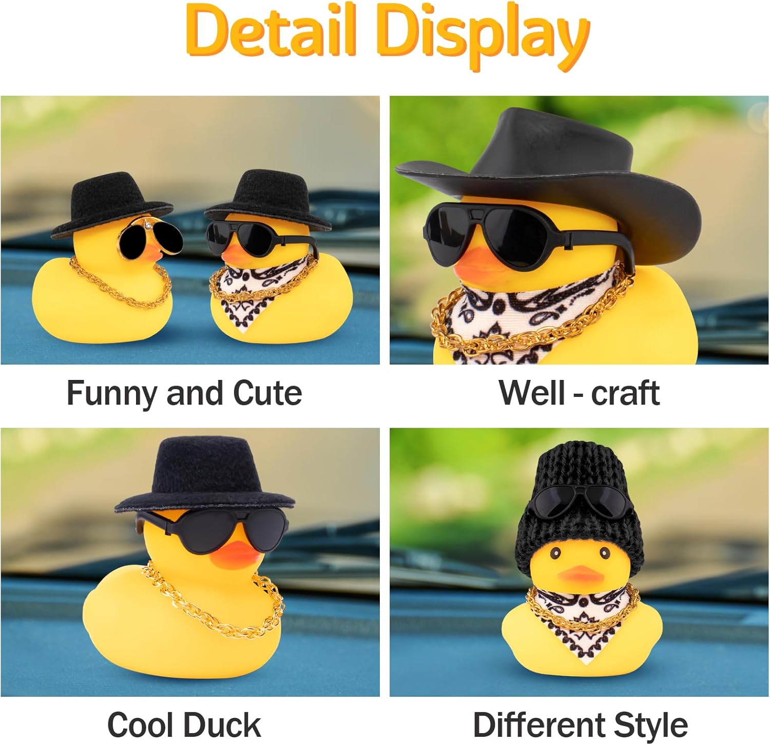 wonuu Pato de goma para automóvil, decoración de pato amarillo con sombrero de sol, collar, gafas de sol para decoración de tablero de automóvil,