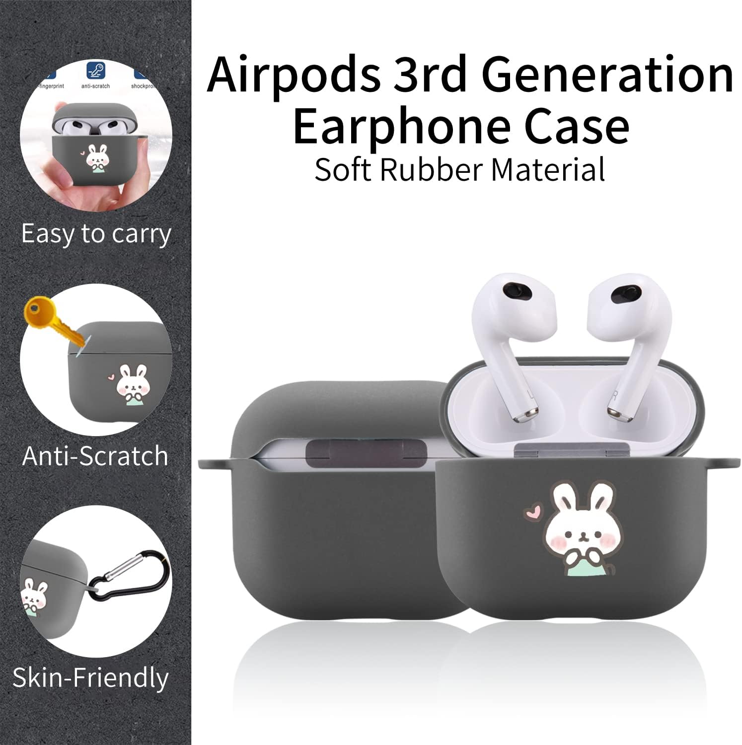 Bonita funda de conejo compatible con AirPods 3 con llavero, diseño de animales de dibujos animados, funda de TPU suave para AirPods de tercera