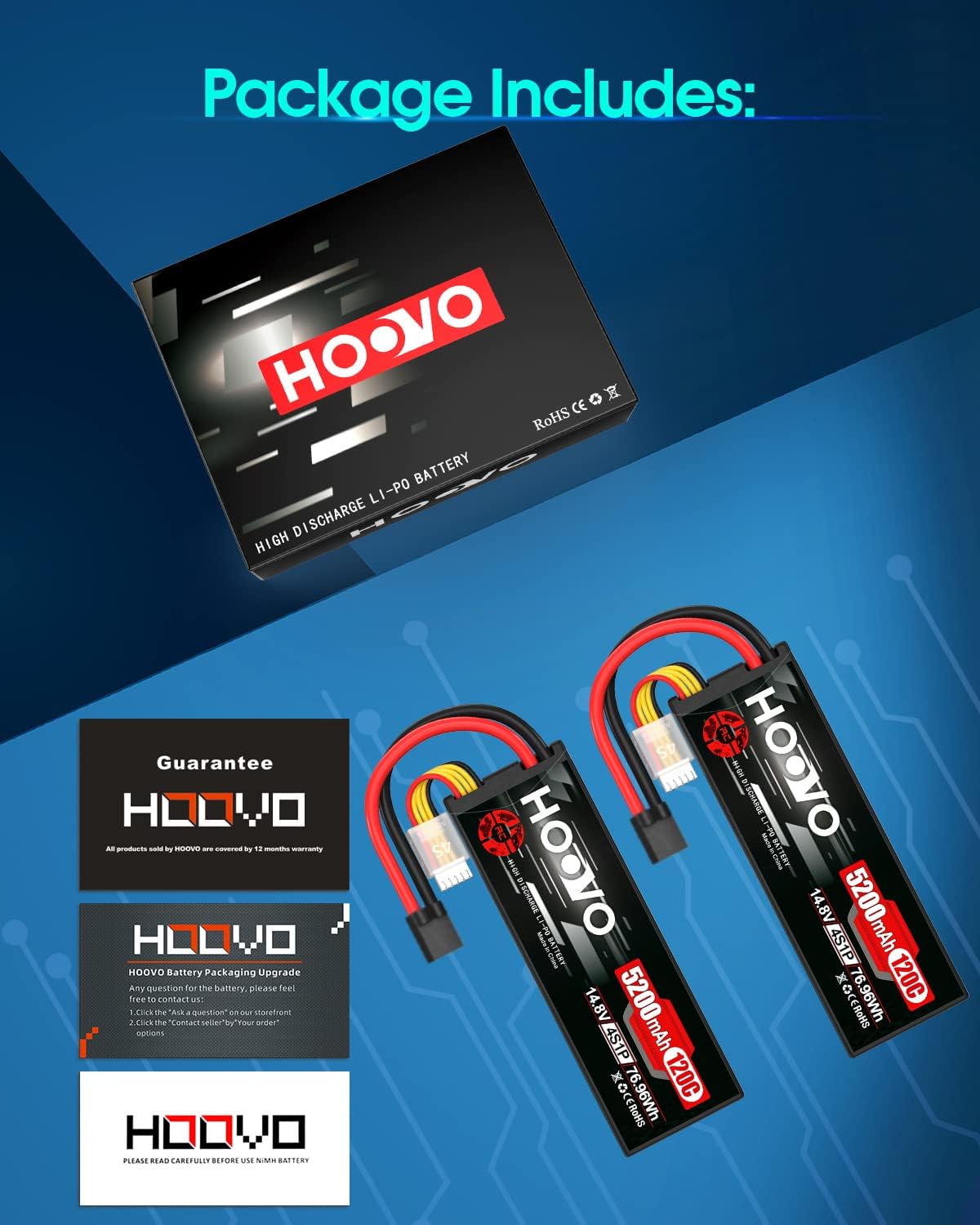 HOOVO 4S Lipo Battery 14.8V 120C 5200mAh RC Car Battery Hard Case with TR Plug Compatible para 18 y 110 RC Car Buggy Truck Slash 4X4 Crawler Monster