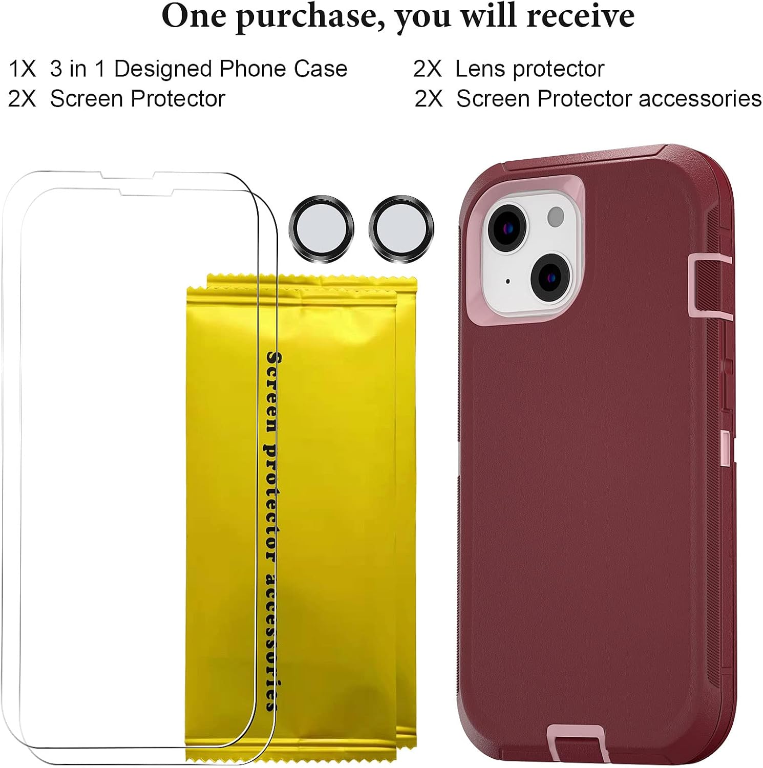DHCALL Funda para iPhone 13 (6.1 pulgadas), con 2 protectores de pantalla de vidrio templado + 2 protectores de lente de cámara protección contra