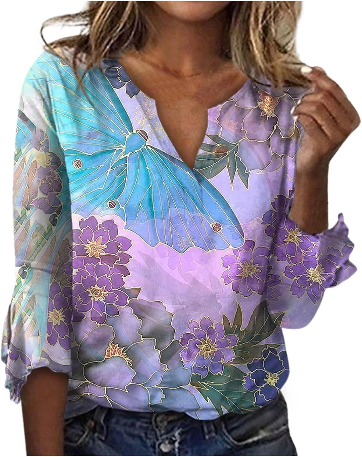 Blusa casual para mujer, holgada, informal, con cuello en V, estampado de campana, manga 34