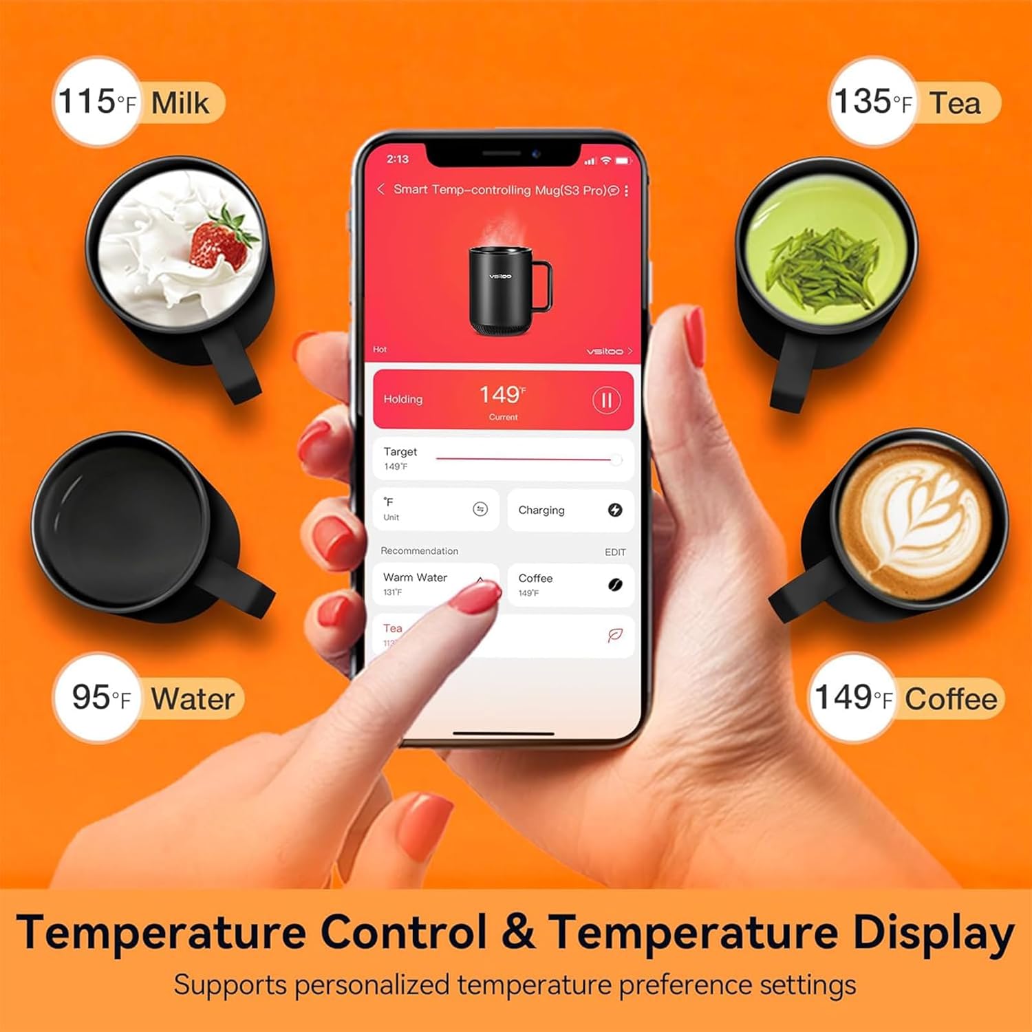vsitoo S3 – Taza inteligente con control de temperatura 2 con tapa, taza de café autocalentable de 10 onzas, pantalla LED, duración de la batería de