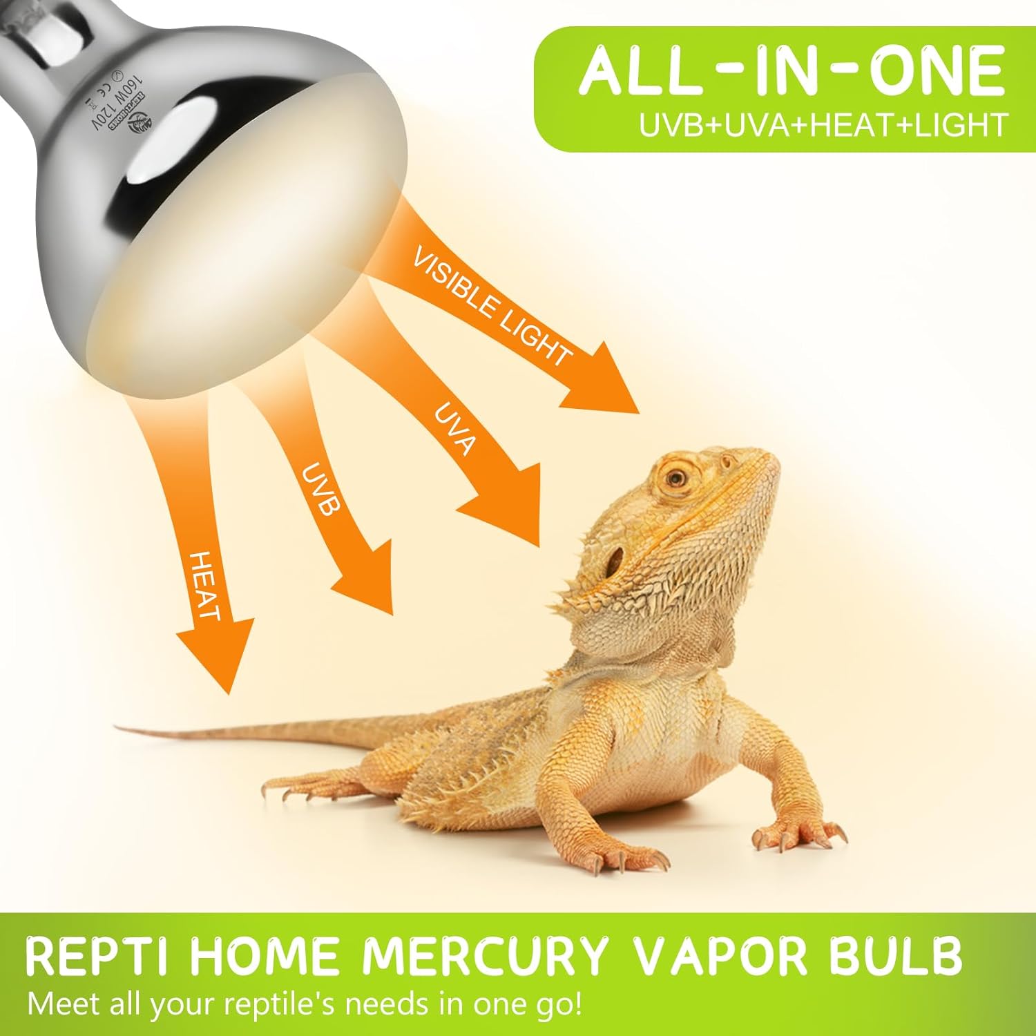 REPTI HOME Lámpara de calor para reptiles UVA UVB, bombilla de vapor de espectro completo de 160 W, luz de reptil UVB mejorada que simula la luz