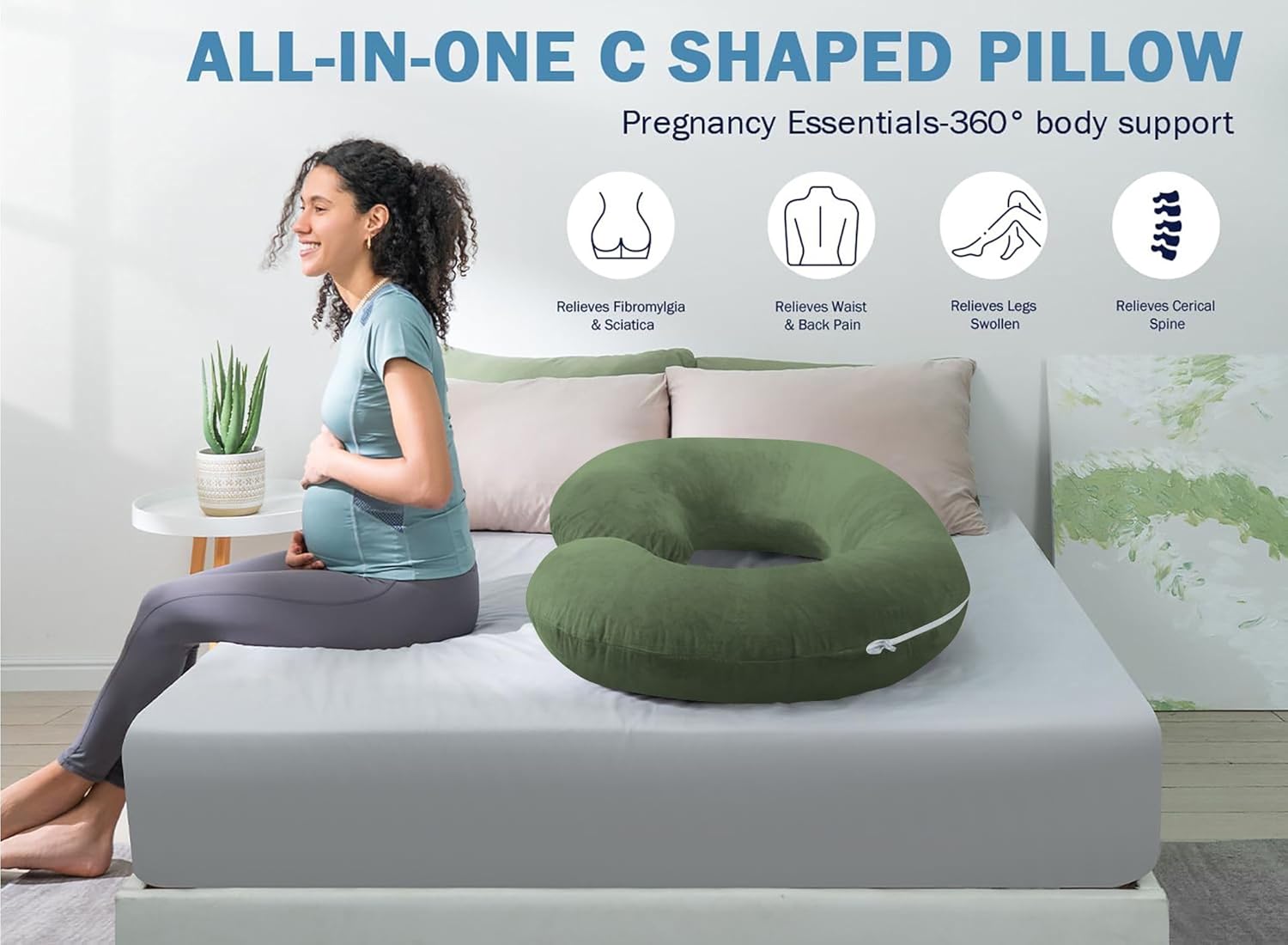Almohadas de embarazo de 63 pulgadas, almohada de cuerpo completo en forma de C, funda de algodón egipcio, musgo, almohadas de embarazo para dormir,