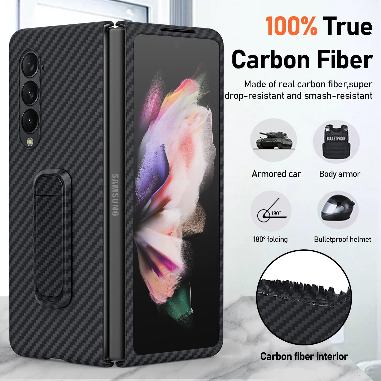CENMASO – Funda con función atril para Galaxy Z Fold 3, compatible con carga inalámbrica Funda minimalista de fibra de aramida para Samsung Galaxy Z