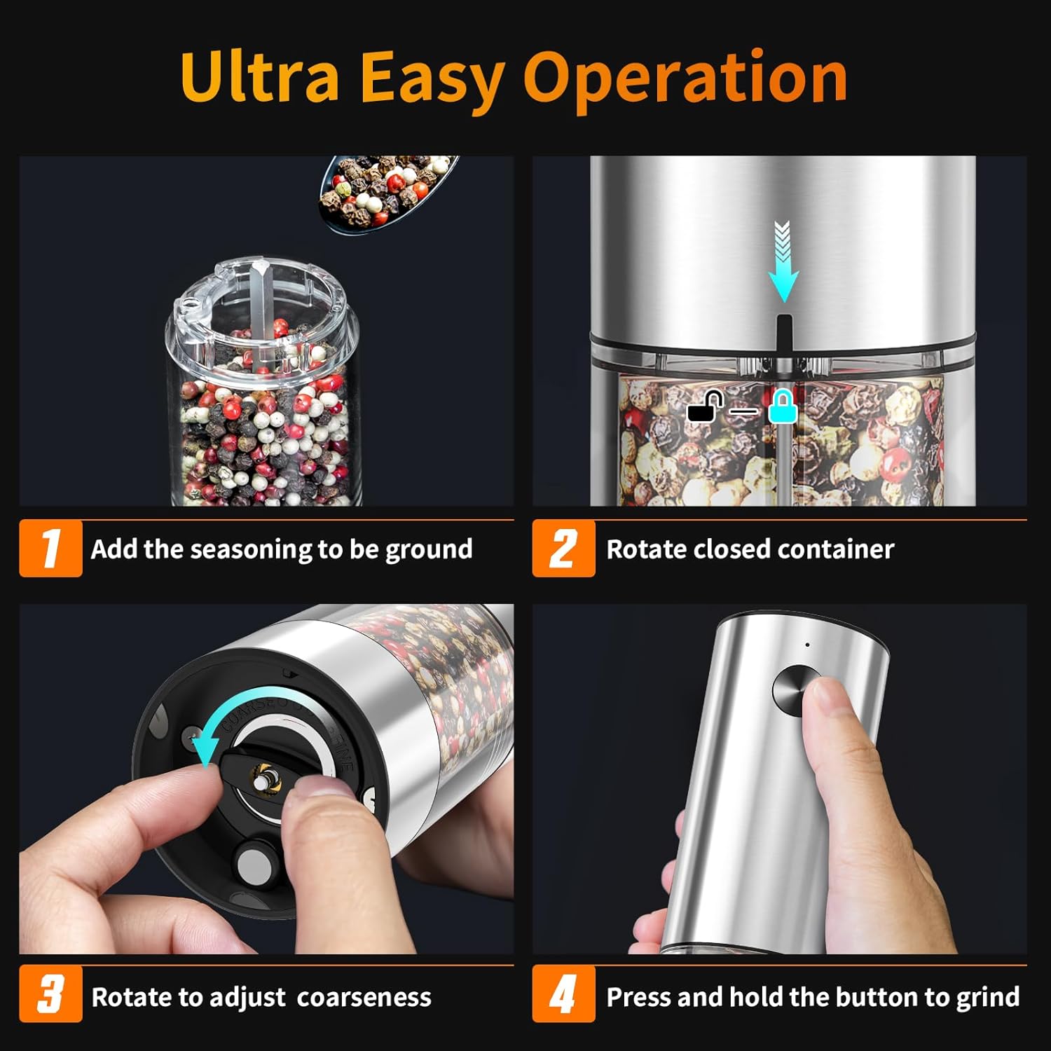 Juego de 2 molinillos eléctricos de sal y pimienta recargable por USB con luz LED cálida, grosor ajustable, gran capacidad, molinillo automático de