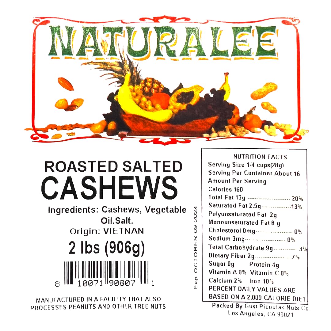 Naturalee Anacardos 2 libras – Asado, salado – Bocadillo natural saludable para el corazón