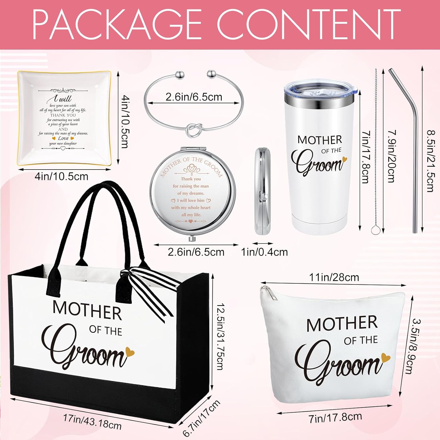 6 piezas de regalos para la madre del novio de parte de la novia, regalos de boda para suegra de 20 onzas, bolsa de lona, bolsa de maquillaje,
