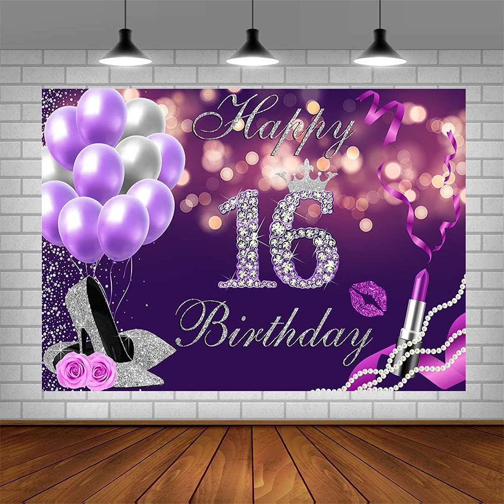 Telón de fondo de feliz cumpleaños número 16 de 7 x 5 pies, globos Bokeh morados con purpurina plateada con purpurina, fondo de lápiz labial de