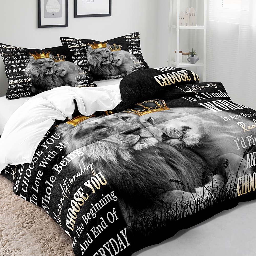 LUVIVIHOME Juego de funda de edredón de 3 piezas, tamaño matrimonial, color negro, tamaño King y Queen, diseño de animales de safari, para parejas,