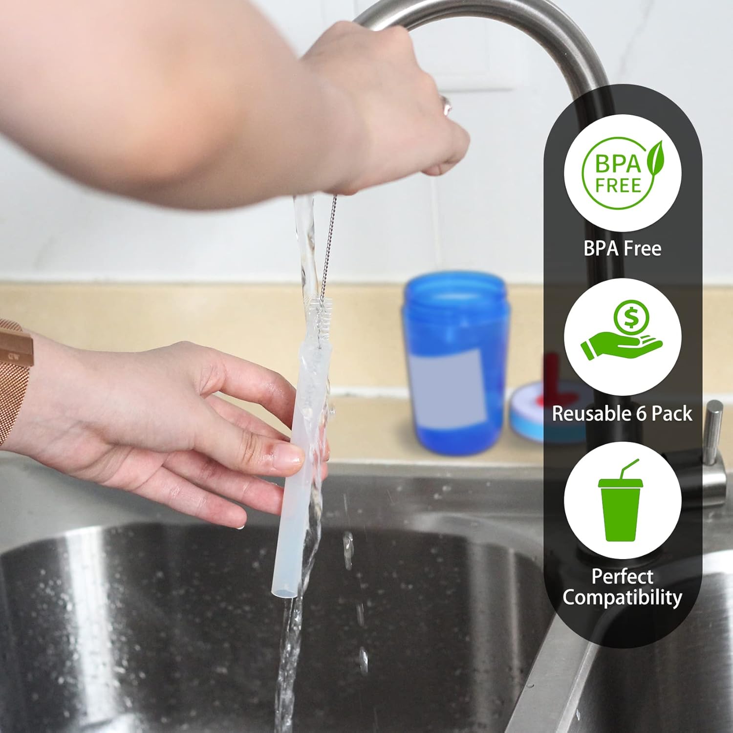 KLOWOAH Pajitas de repuesto compatibles con botella de agua Zak de 15 onzas, sin BPA y duradera, popote reutilizable con cepillo de limpieza (azul,