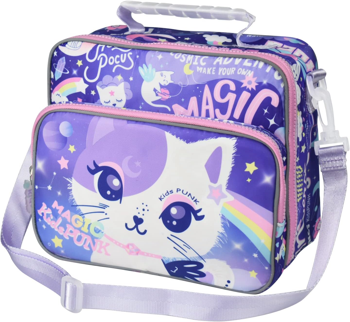 Purple Cat – Lonchera unisex para niños y niñas, de aluminio, con soporte para botella de agua, aislada, sin BPA, fácil de limpiar, gran habitación