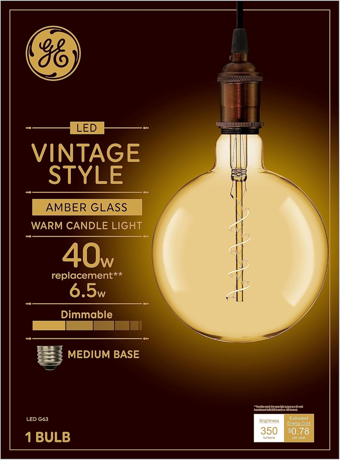 GE Bombilla LED de estilo vintage, 40 vatios, acabado ámbar, bombilla globo grande G63 (paquete de 1)