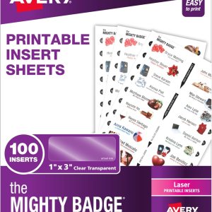 The Mighty Badge de AVERY – Insertos de 1 x 3 pulgadas para etiquetas de nombre, 100 insertos transparentes solo para impresoras láser (71210) The Mighty Badge de AVERY – Insertos de 1 x 3 pulgadas para etiquetas de nombre, 100 insertos transparentes solo para impresoras láser (71210)