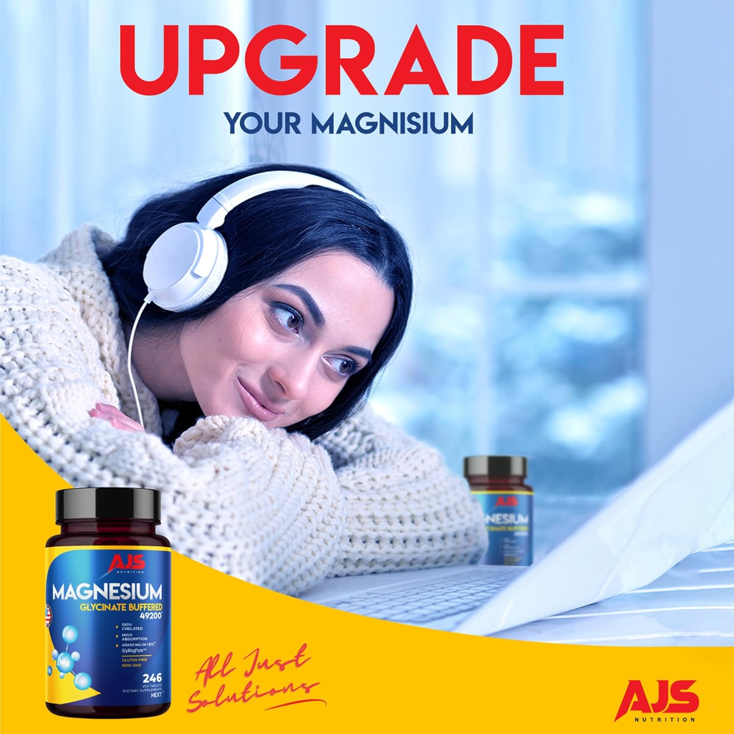 AJS Suplemento de glicinato de magnesio  Tabletas de magnesio  Sin gluten y sin OMG  Suplemento dietético de magnesio con revestimiento orgánico