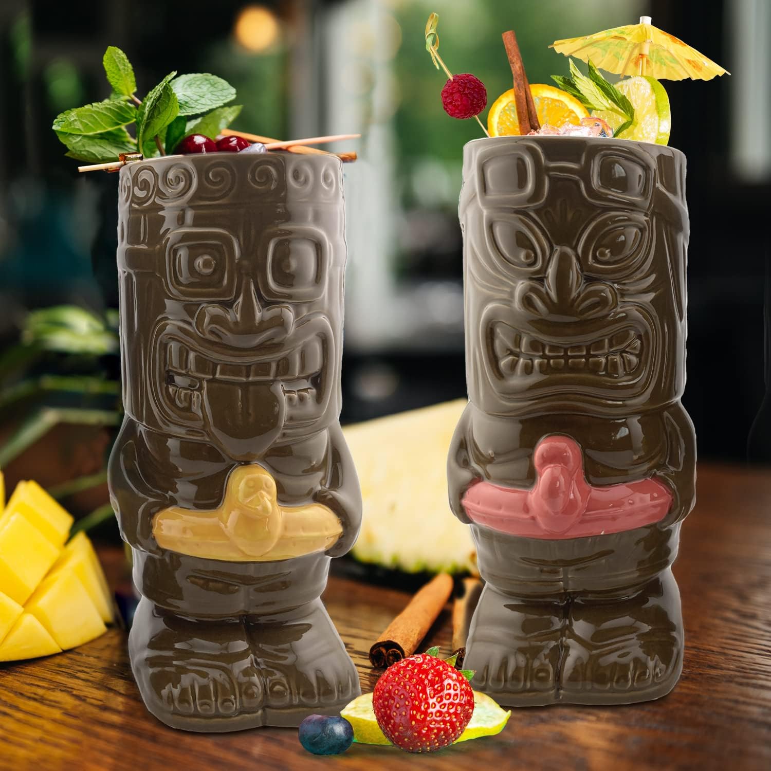 Tiki – Juego de tazas de cerámica para fiesta en la piscina, juego de 2 tazas coleccionables de Tiki Funky – Tazas de café, vasos tropicales para la