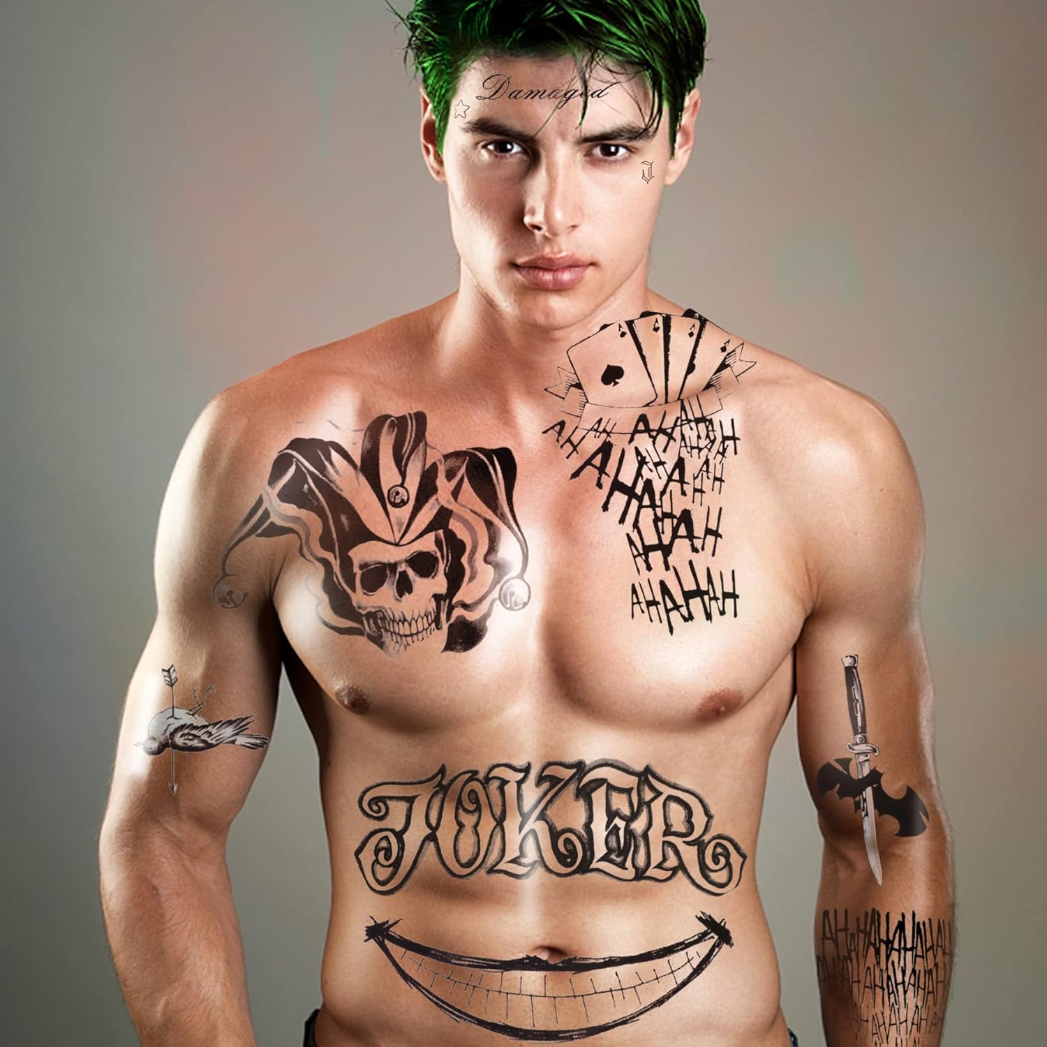 6 hojas de tatuajes Joker & Harley Quinn, realistas y de larga duración de Halloween falsa temperatura para hombres, mujeres y adultos, todas las