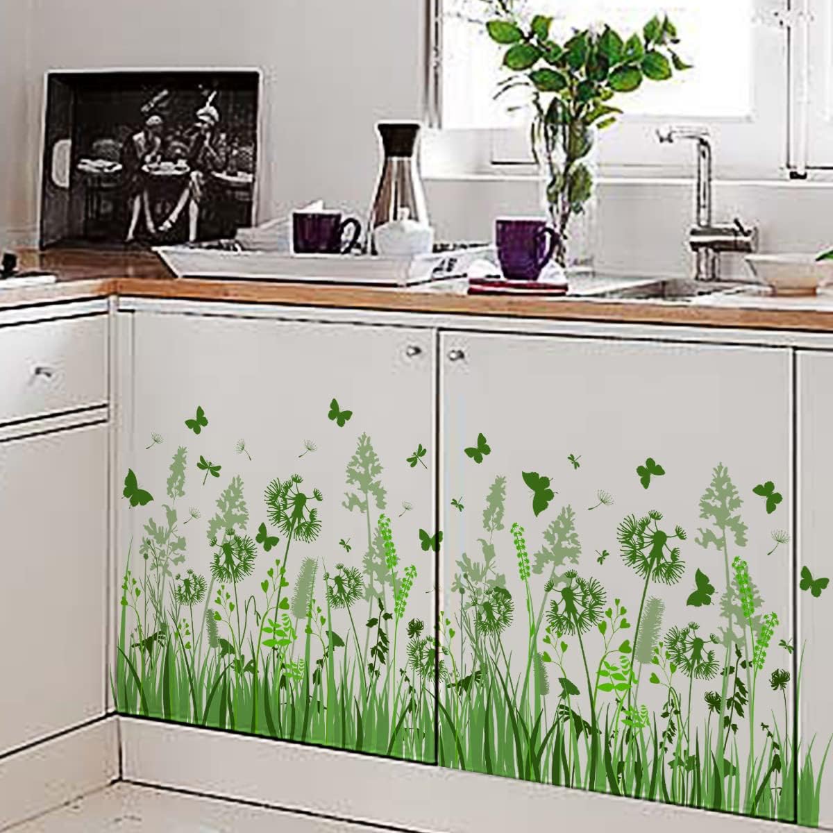 fanquare Dandelion Wall Decals Green Plants with Butterflies Wall Stickers Home Office Wall Decor for Bedroom Living Room Decor