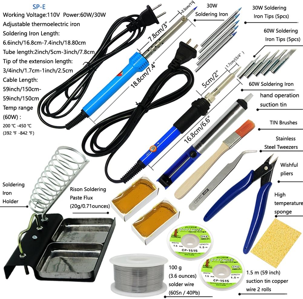 AideBench SPE1 Kit de soldador 23 en 1 30 W 60 W, puntas de soldadura, bomba de desoldadura, alambre de cobre, colofonia, pinzas, soporte de