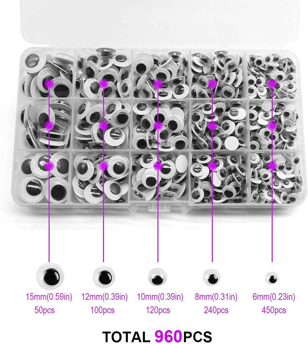 960 Ojos Googly para manualidades, ojos negros ondulantes con autoadhesivo, 0.236 in, 0.315 in, 0.394 in, 0.472 in, 0.591 in, embalaje mixto