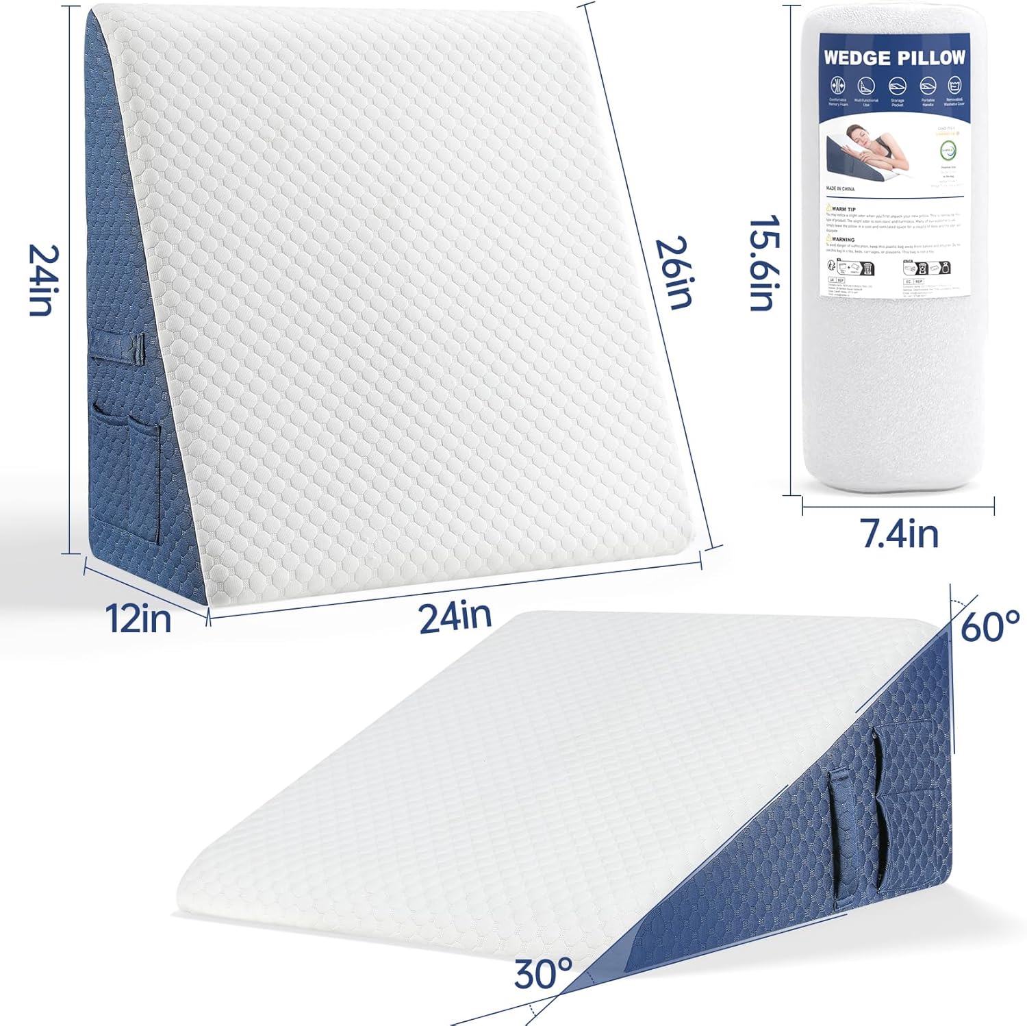 Almohada de cuña de 12 pulgadas con fundas extra reemplazables para mejorar el sueño después de la cirugía, almohada triangular de cuña Gerd