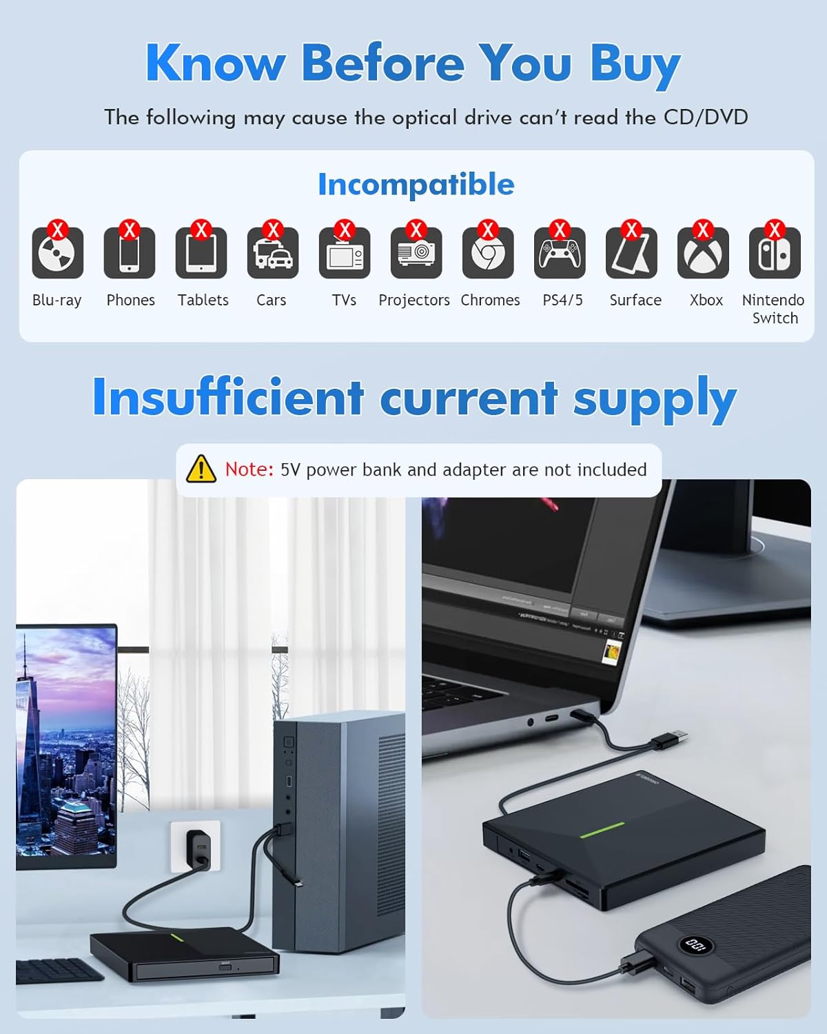 ORIGBELIE Unidad externa de CD y DVD con 4 puertos USB y 2 ranuras para tarjetas TFSD, USB 3.0 portátil CDDVD, reproductor de disco grabador para