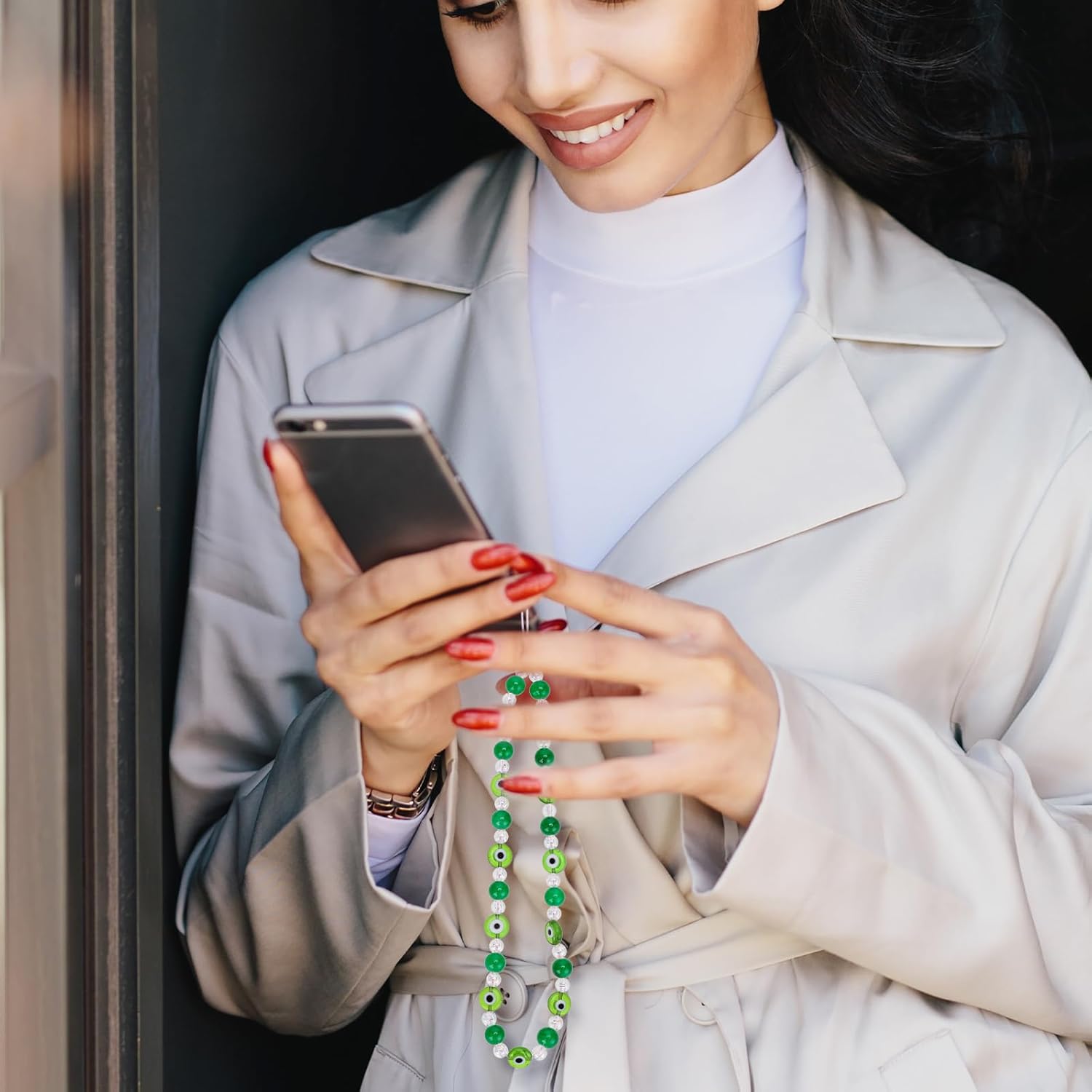 simarro Dije de teléfono contra el mal de ojo, cristal verde con cuentas de ojo de diablo con cuentas para teléfono, correa de muñeca para teléfono