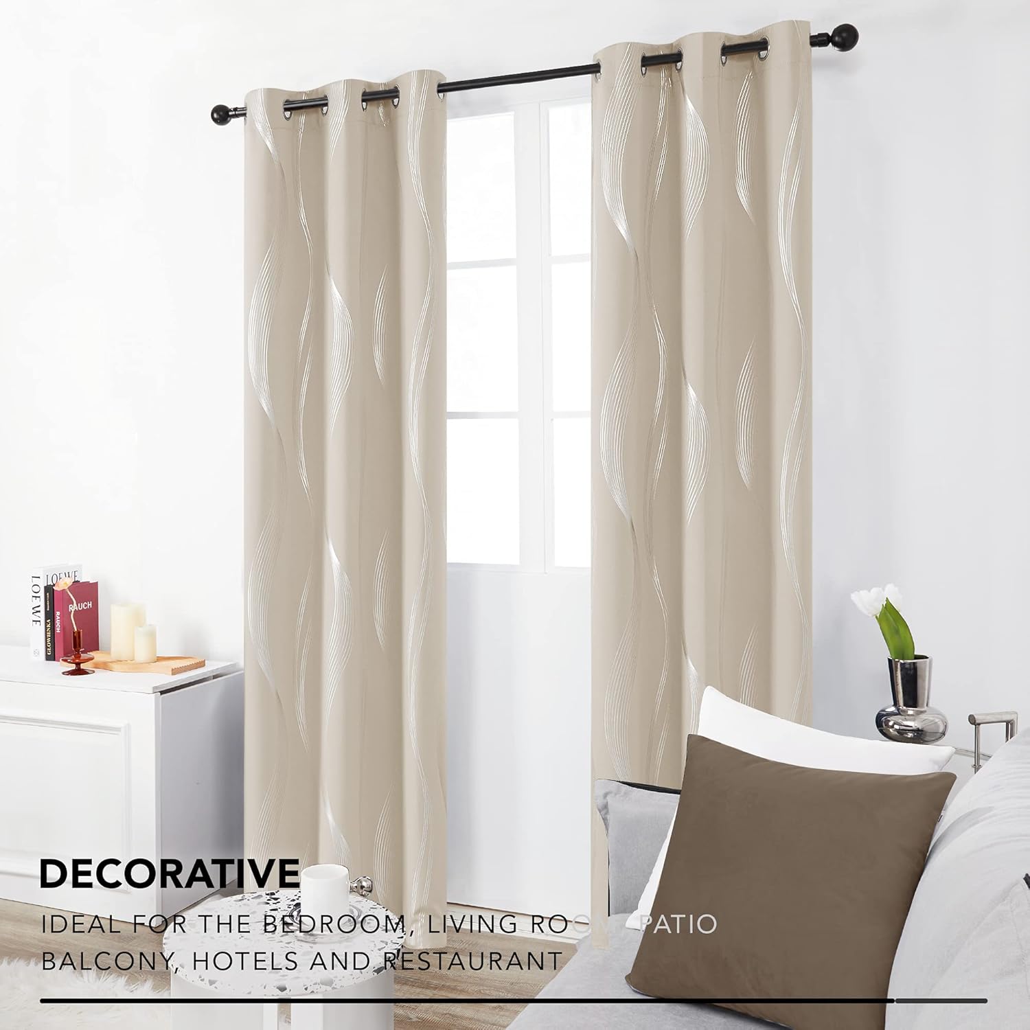 Cortinas Deconovo opacas, con aislamiento térmico, para dormitorio, estampado color metálico con patrón de ondas, 2 unidades