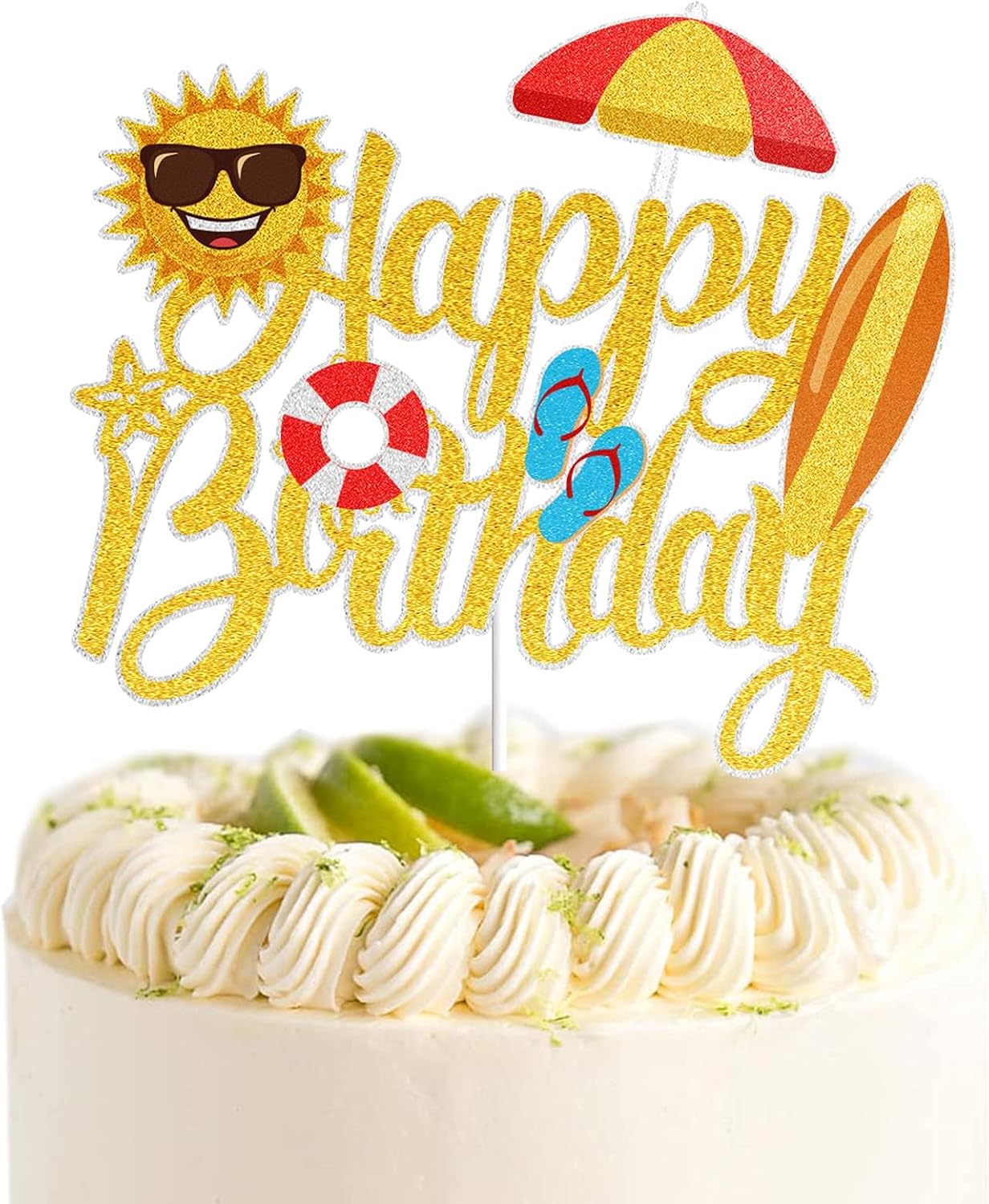 Decoración para tarta de cumpleaños con purpurina dorada para verano, playa, piscina, surf, fiesta, decoración de verano, vacaciones, cumpleaños,