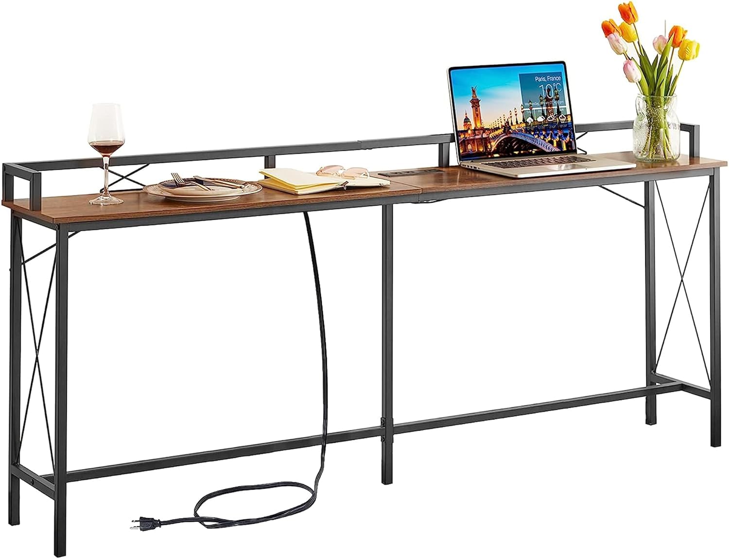 VECELO Mesa consola de 71 pulgadas con 2 salidas y 2 puertos USB, muebles de entrada con cable de alimentación de 9.8 pies de largo, deflector y