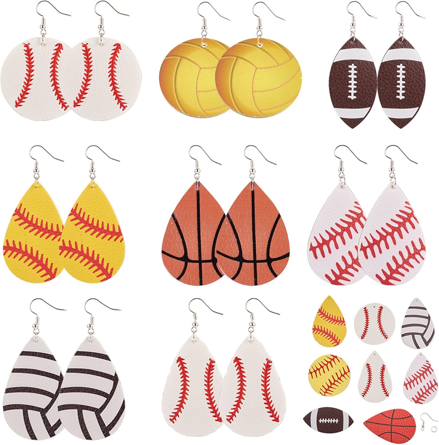 SUNNYCLUE DIY Make 8 pares de dijes deportivos de piel sintética para hacer aretes, kit de iniciación de fútbol americano, dijes de lágrima de
