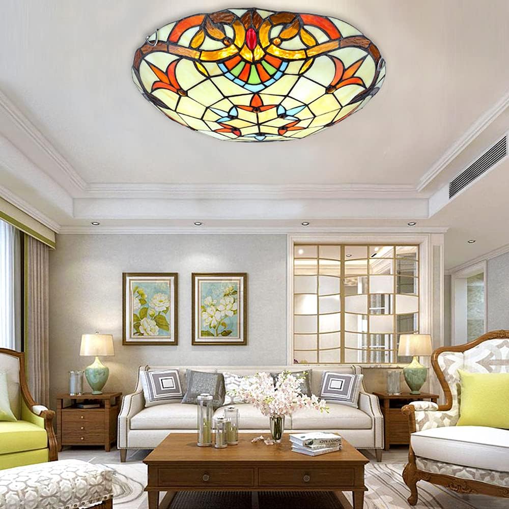 Lámpara de techo Tiffany con motivo de flores, montaje empotrado, pantalla de vitral, lámpara de techo para dormitorio, sala de estar, entrada,