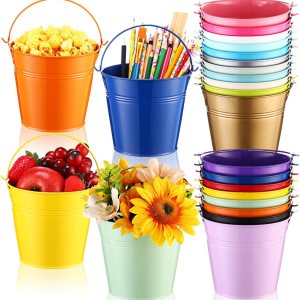 Paquete de 24 cubos de metal de colores con asa, cubos pequeños galvanizados de metal para niños, manualidades, recuerdos de fiesta, centros de Paquete de 24 cubos de metal de colores con asa, cubos pequeños galvanizados de metal para niños, manualidades, recuerdos de fiesta, centros de