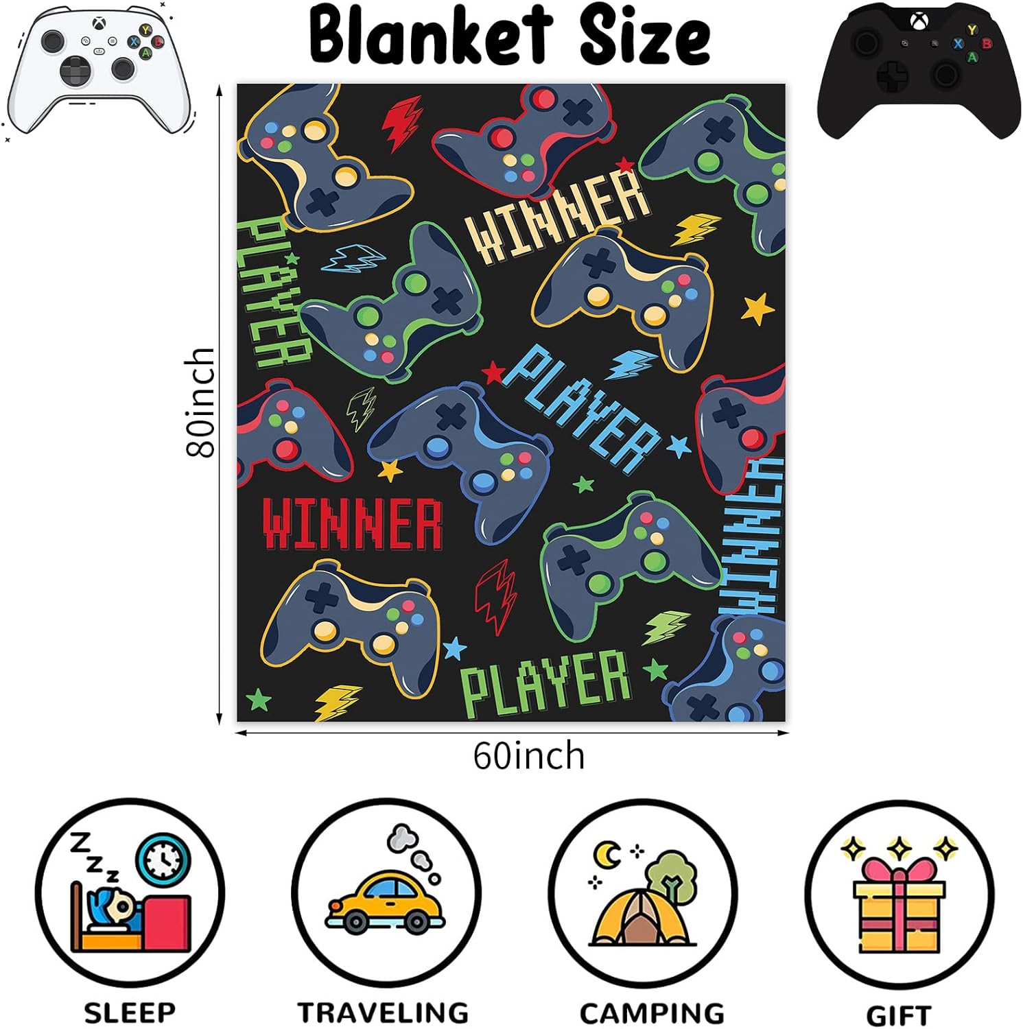 Manta de juegos para hombres, 60 x 80 pulgadas, acogedora manta mullida de videojuegos para niños, manta de franela negra suave con estrella para