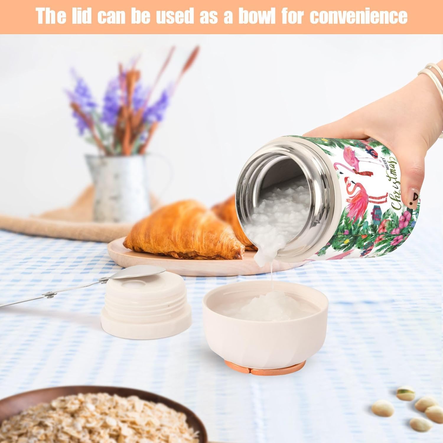 Christmas Leaves Flamingo Food Jar with Spoon Stainless Steel Vacuum Insulated Food Container 17 oz Food Thermos for Lunch