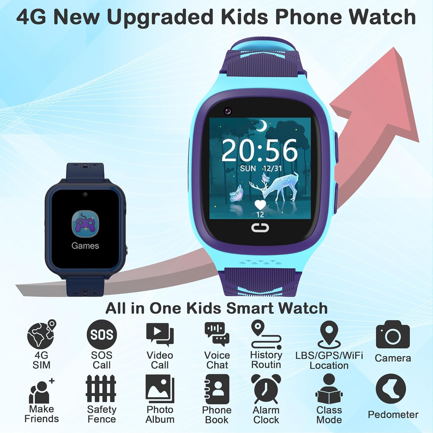 Reloj inteligente para niños, relojes inteligentes para niñas, con pantalla táctil HD, 16 juegos, reproductor de música, cámara, reloj despertador,