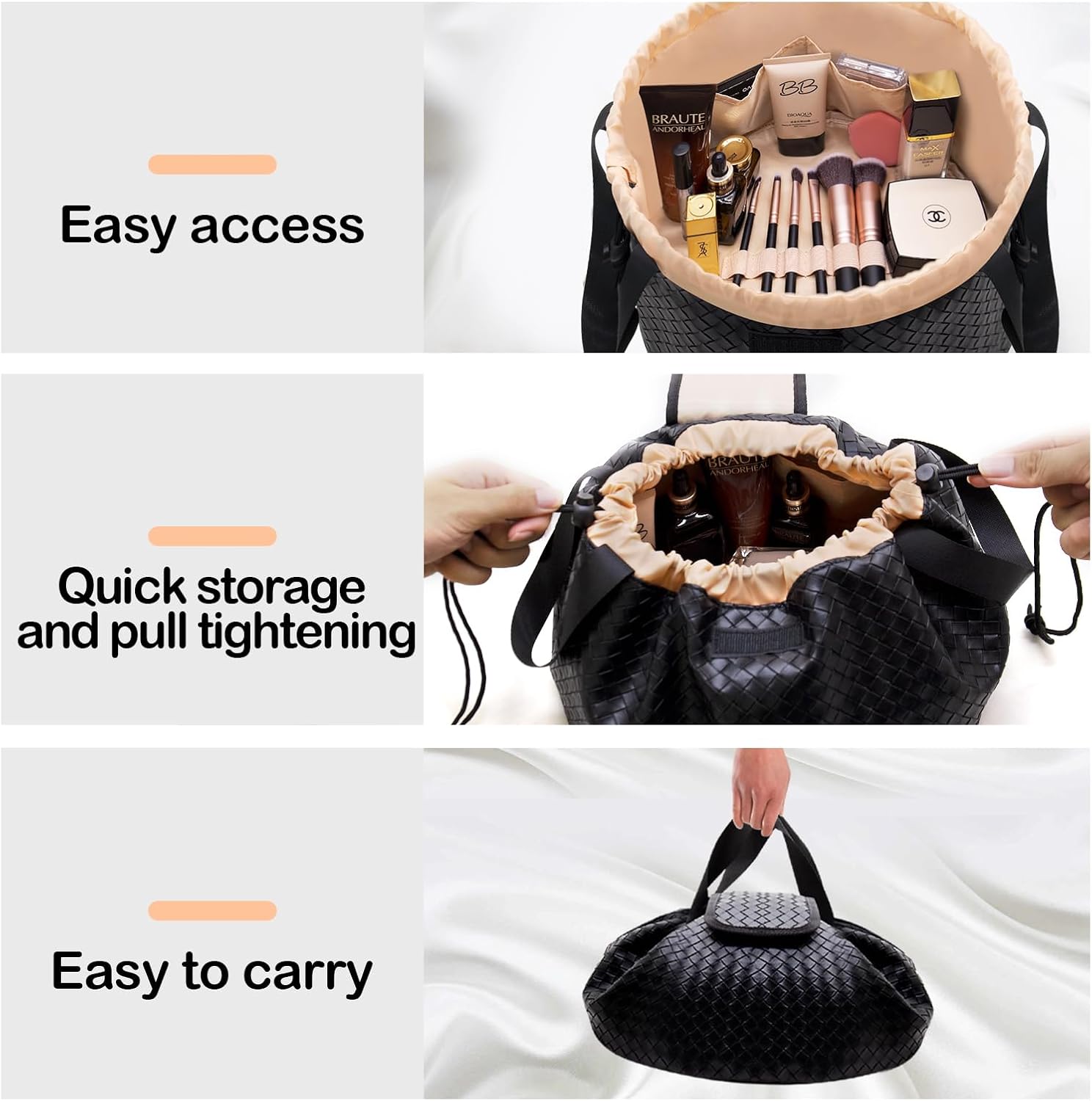 Organizador de maquillaje grande con cordón, bolsa de maquillaje de barril para cosméticos, bolsa de aseo para viajes, bolsas de maquillaje