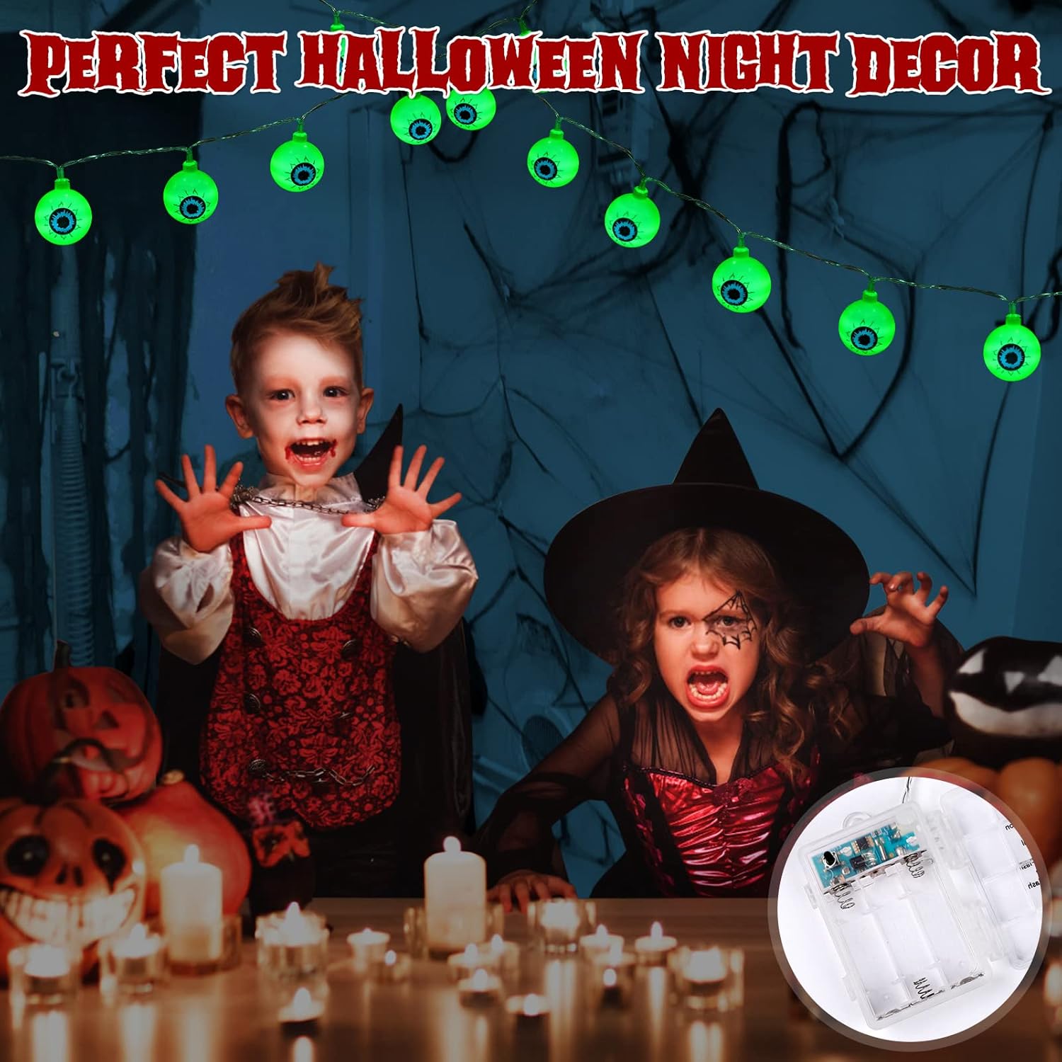 Decoraciones de Halloween de 19.7 pies, 40 luces LED de globo ocular con temporizador remoto funciona con pilas, 8 modos de luz, decoración de