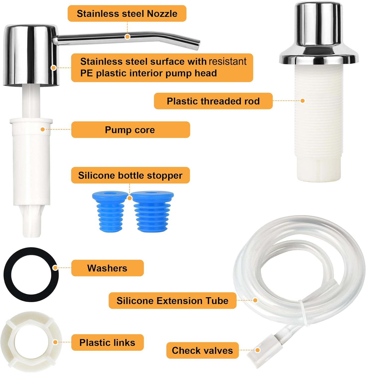 Dispensador de jabón para fregadero de cocina, dispensador de jabón de acero inoxidable cepillado dorado con kit de tubo de extensión de 47 pulgadas