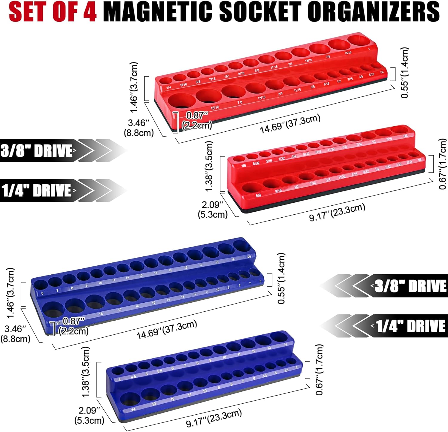 Organizador magnético de llaves de vaso de 4 piezas, soporte magnético de 14 pulgadas, 38 pulgadas, bandejas métricas SAE para enchufes, juego de