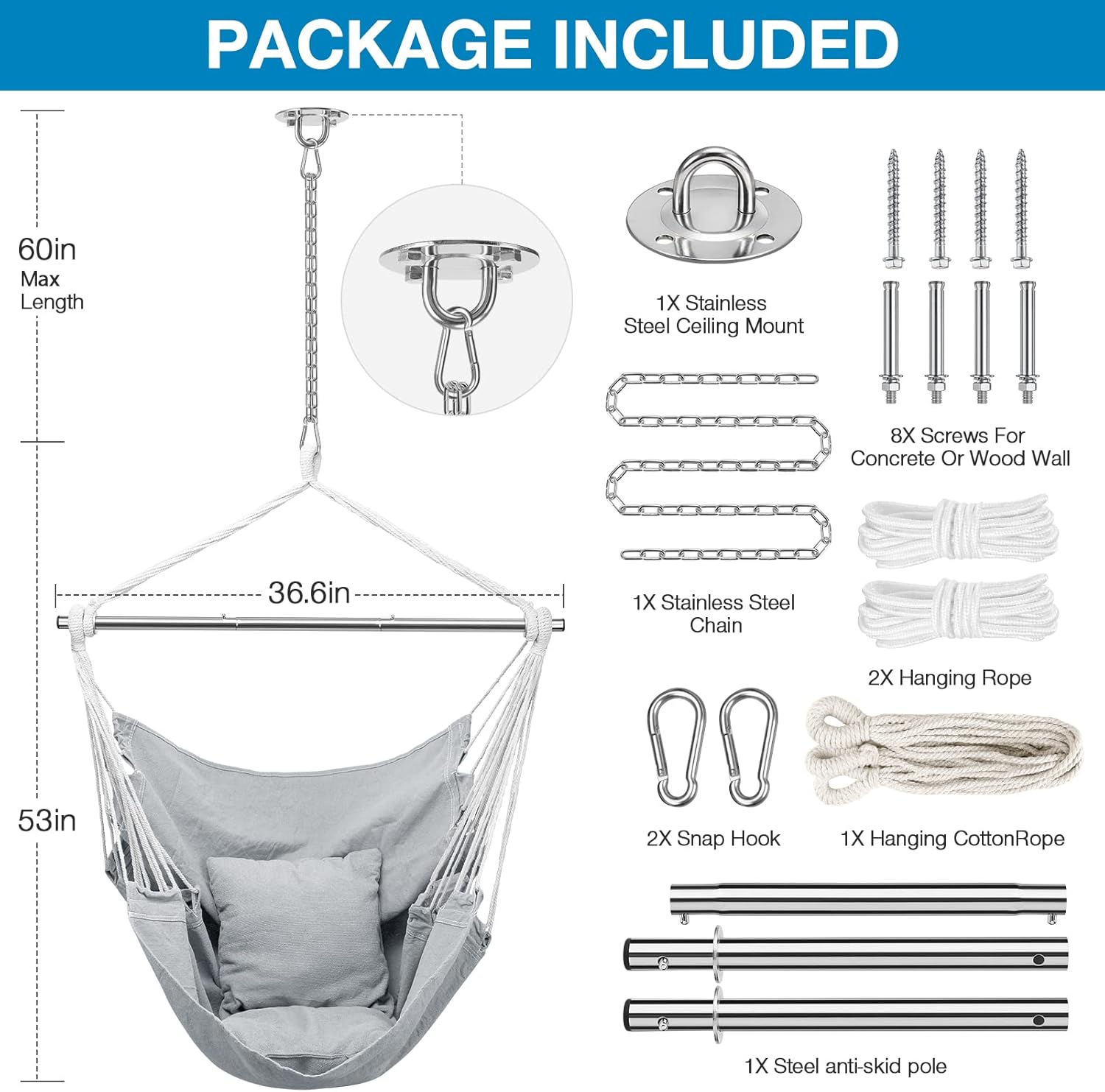 Silla hamaca colgante de cuerda, silla colgante portátil desmontable de metal con soporte de metal, hamaca columpio con kit de herramientas, sin