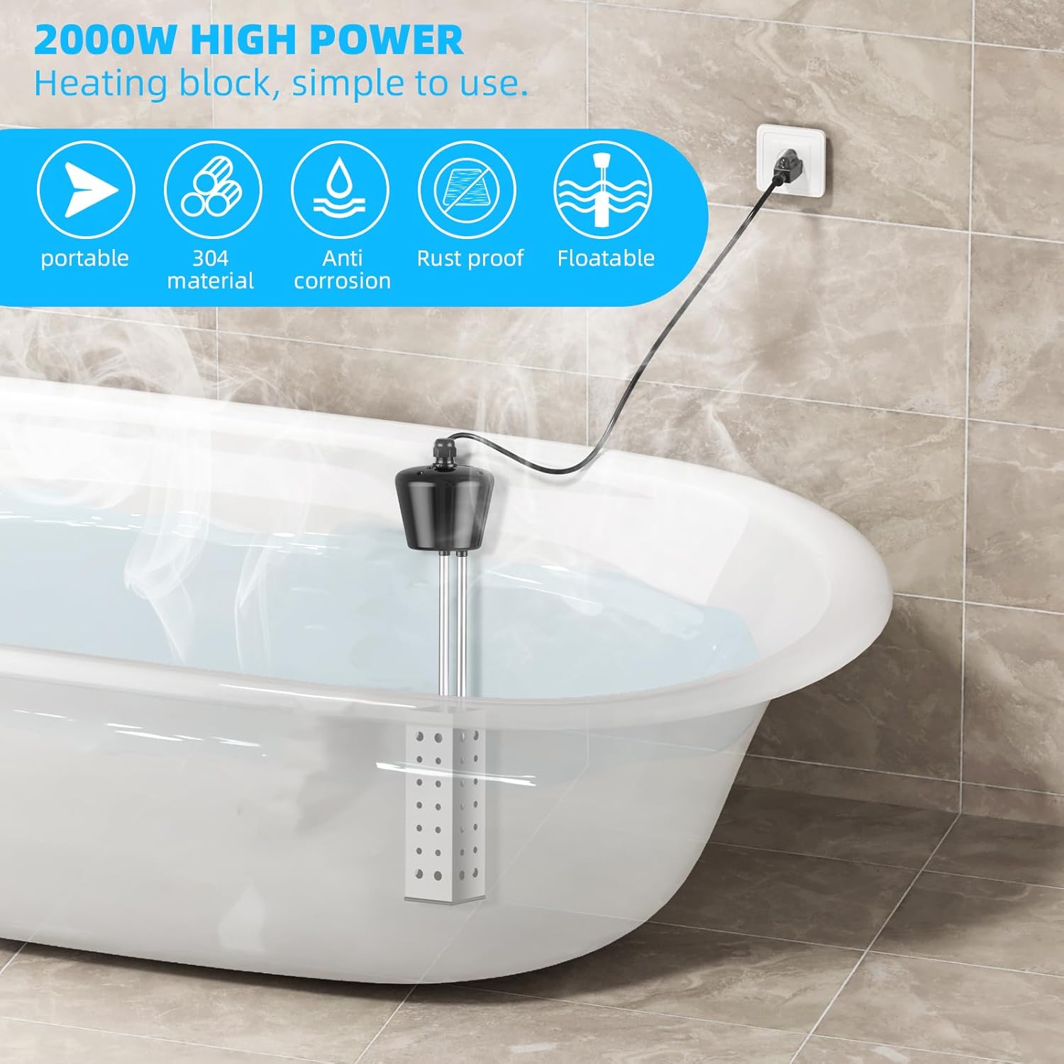Calentador de agua de inmersión de 2000 W, diseñado para mini piscinas y bañeras inflables, calentador de piscina para piscina sobre el suelo y