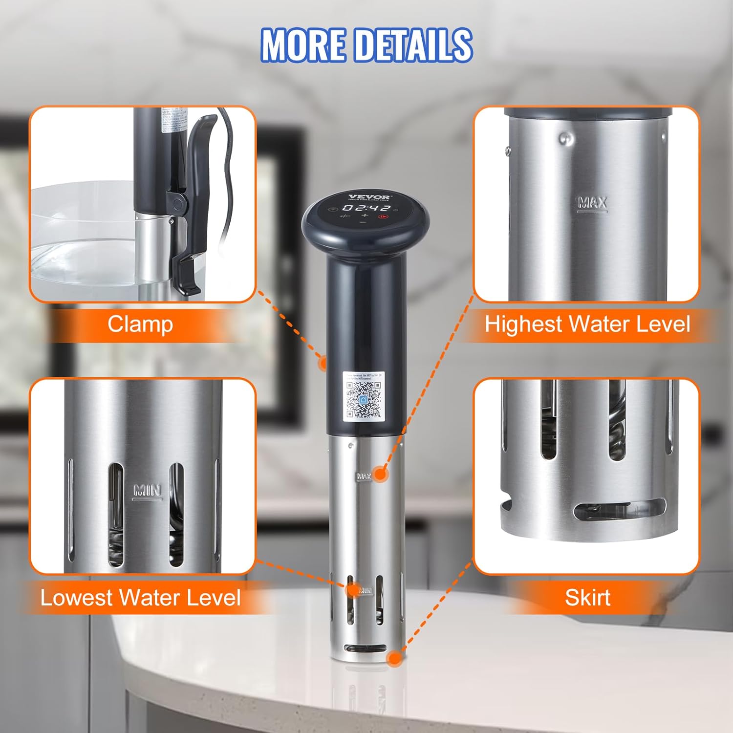VEVOR Máquina Sous Vide con control de aplicación Bluetooth Wi-Fi Connect, circulación de inmersión de 1200 W, IPX7 impermeable, con control de