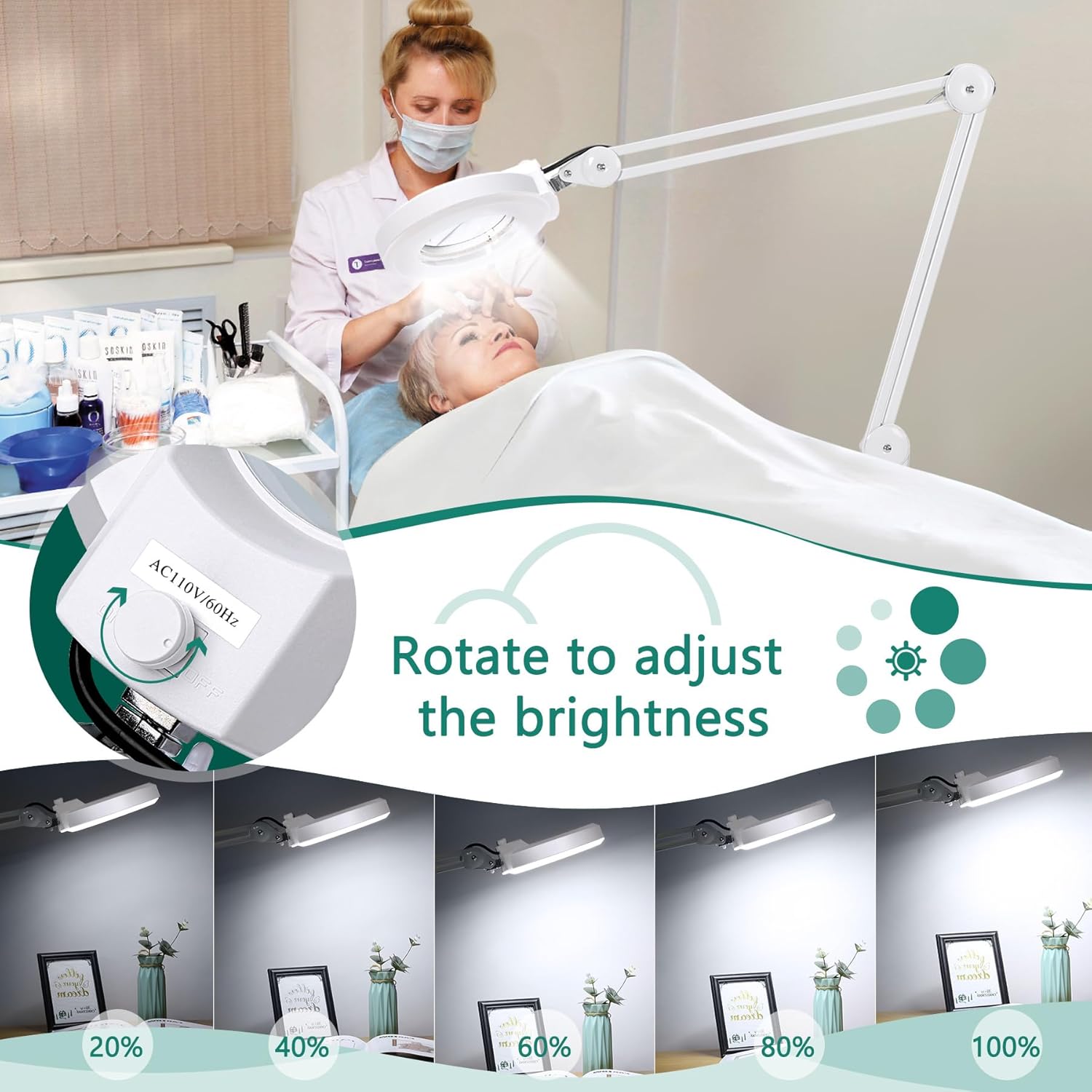 Lupa 10X con luz y soporte, lámpara de pie con base rodante de 5 ruedas para tratamientos faciales esteticistas de pestañas, 1,500 lúmenes regulable