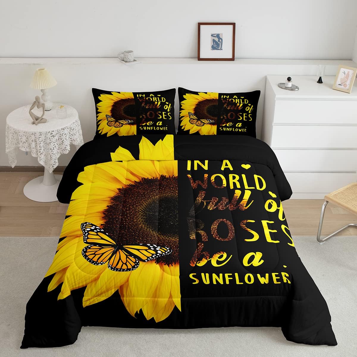 Erosebridal Juego de edredón de girasoles negros tamaño Queen para niñas y mujeres, ropa de cama floral de mariposa amarilla, edredón botánico de