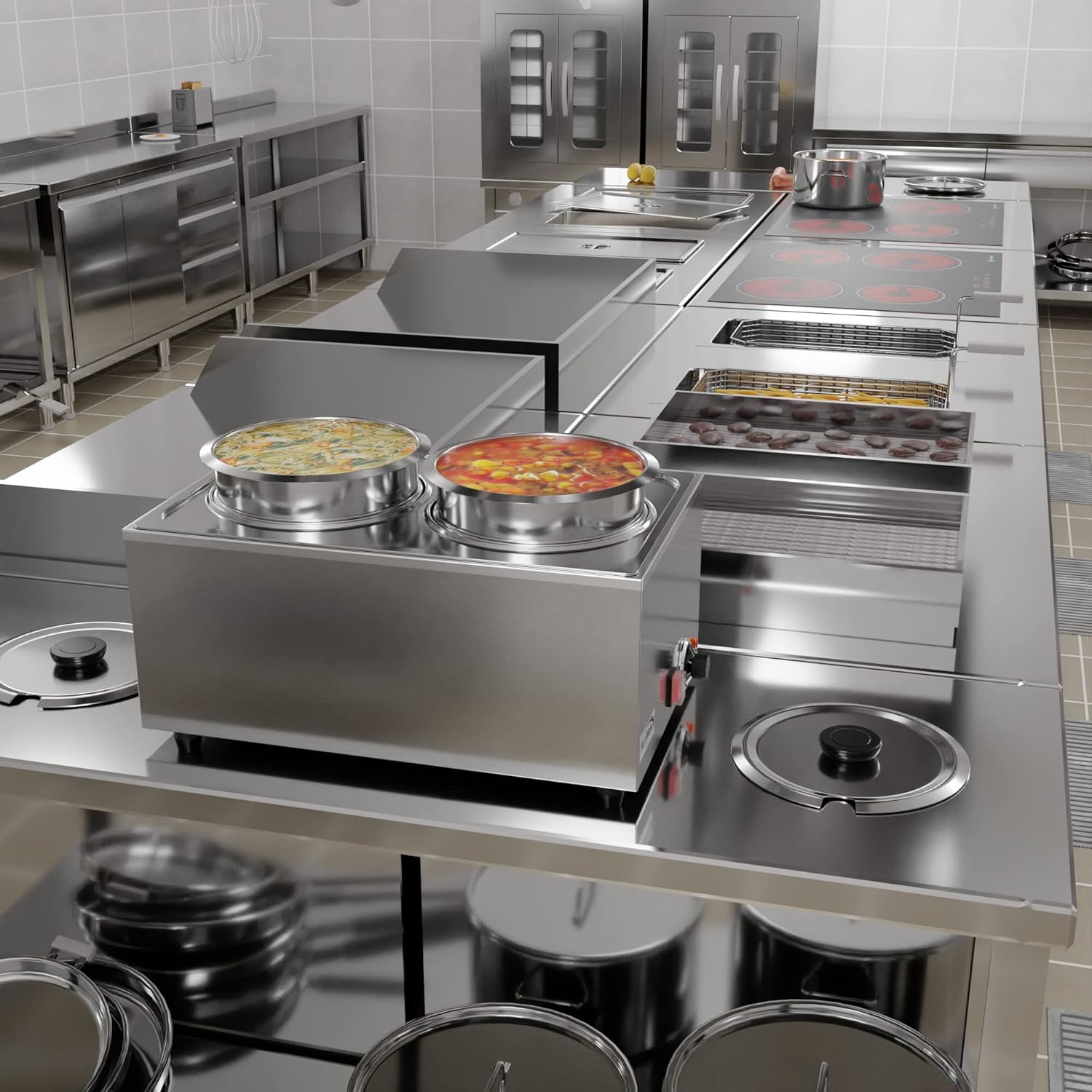 KoolMore Calentador de alimentos comercial Bain Marie para encimera, estación de sopa y servidor de mesa de buffet con dos ollas para servir,